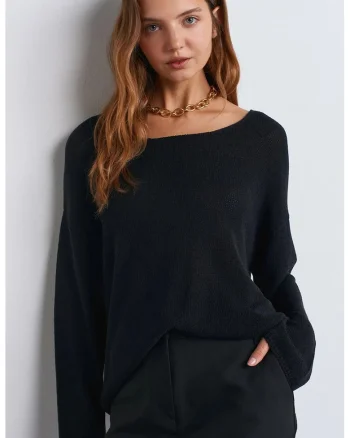 Pulover dama,  cu guler barcuta, maneci lungi, negru, acril si poliamida,
