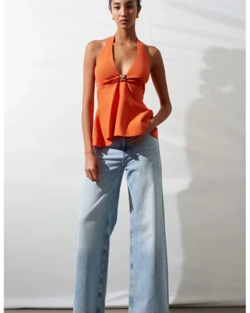 Bluze dama,  Bluza Seamless Halter Peplum, elegant, portocaliu stralucitor, fara inchidere,