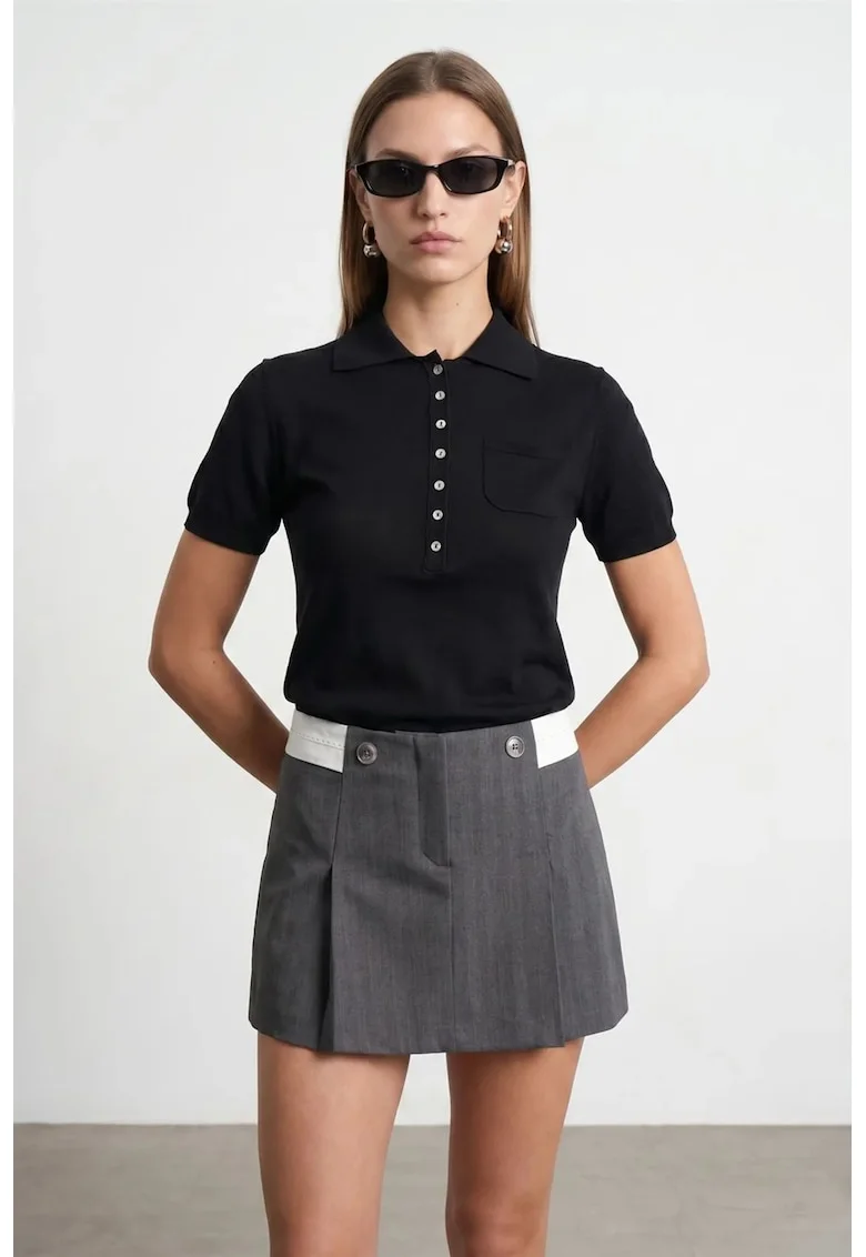Bluza dama,  slim fit, guler polo, negru, bumbac si Tencel,