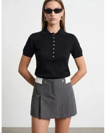 Bluza dama,  slim fit, guler polo, negru, bumbac si Tencel,
