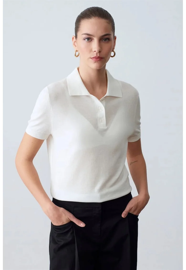 Bluza dama  regular fit, guler polo, alb, tricot din amestec de tencel si bumbac,