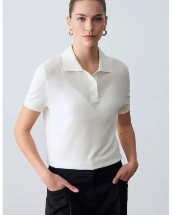 Bluza dama  regular fit, guler polo, alb, tricot din amestec de tencel si bumbac,