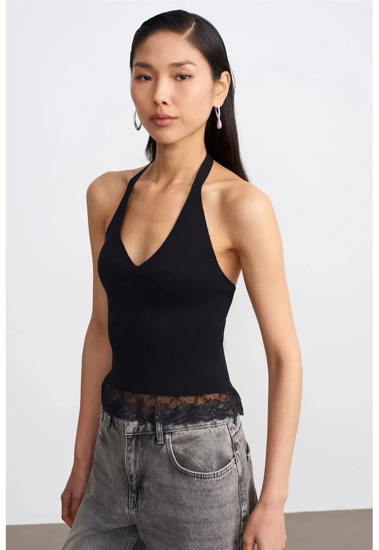 Bluza dama,  fara maneci, guler tip halter, negru, tricotata,