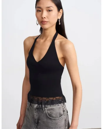 Bluza dama,  fara maneci, guler tip halter, negru, tricotata,