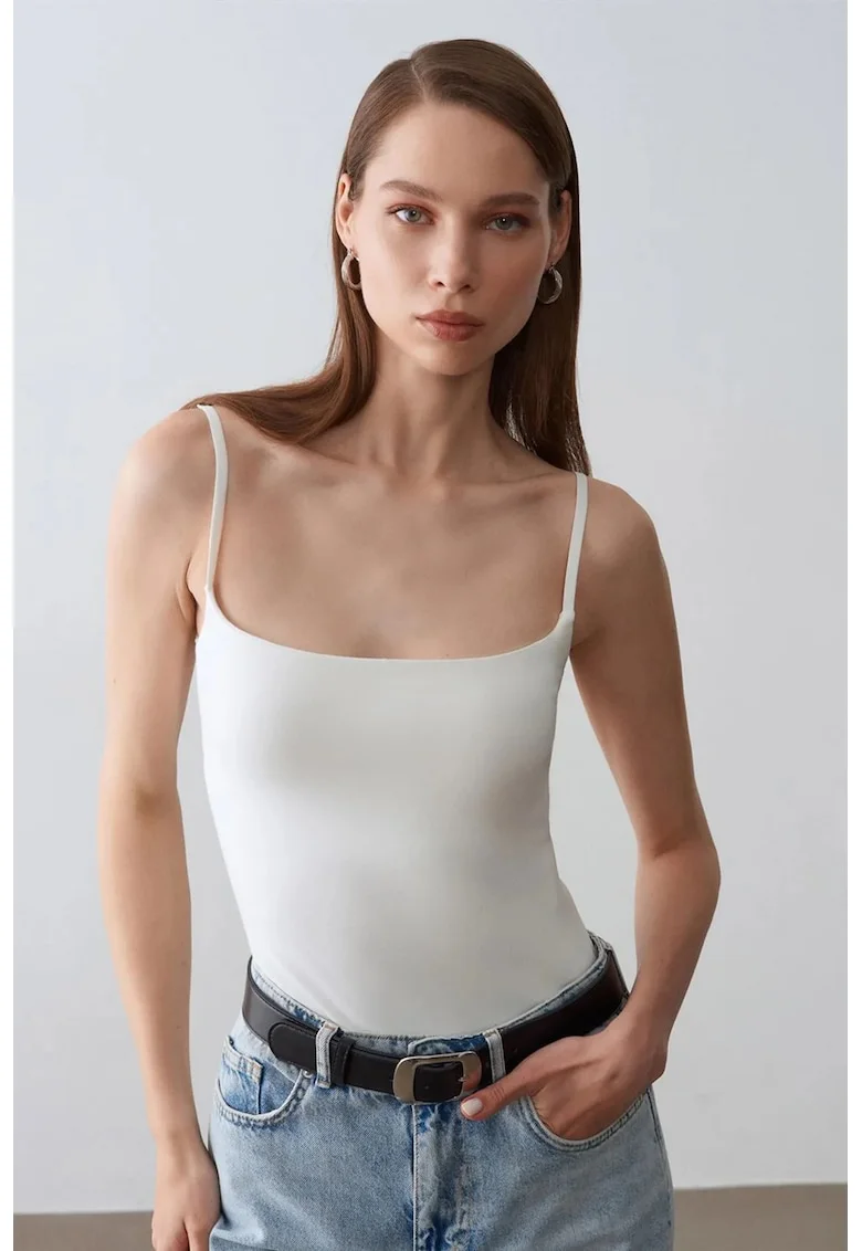 Bluza dama,  slim fit, decolteu patrat, alb, tricot subtire,