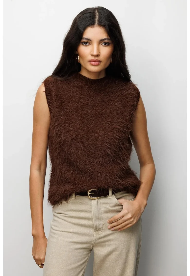 Pulover dama,  vesta texturata, blana artificiala, maro cafea, poliester,