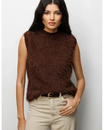 Pulover dama,  vesta texturata, blana artificiala, maro cafea, poliester,