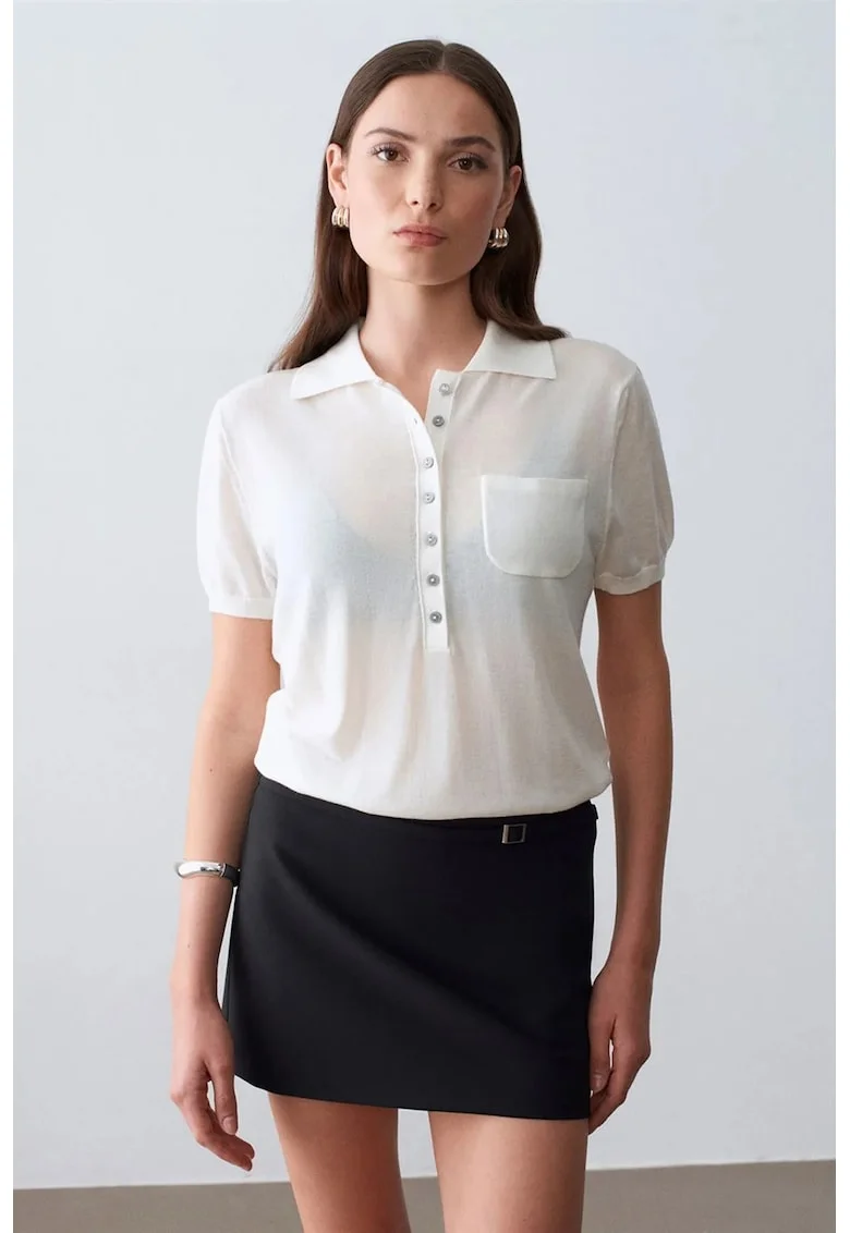 Bluza dama,  slim fit, guler polo, alb, bumbac si Tencel,