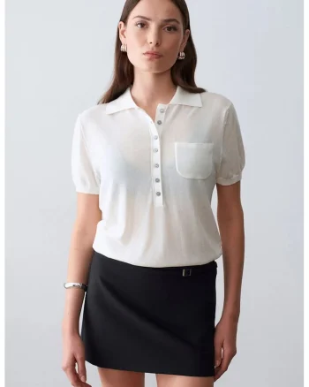 Bluza dama,  slim fit, guler polo, alb, bumbac si Tencel,