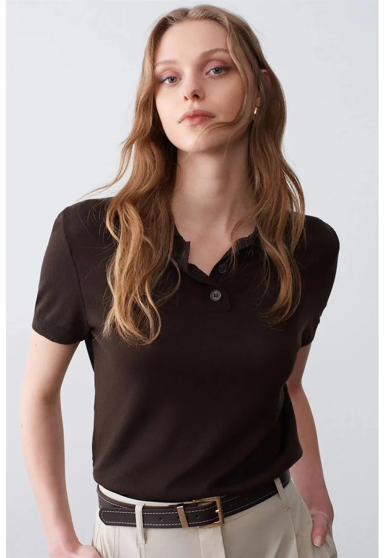 Bluza dama  casual, guler polo, maneci scurte, maro, tricot Tencel si bumbac,