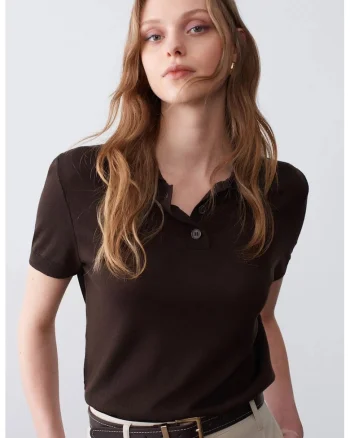Bluza dama  casual, guler polo, maneci scurte, maro, tricot Tencel si bumbac,