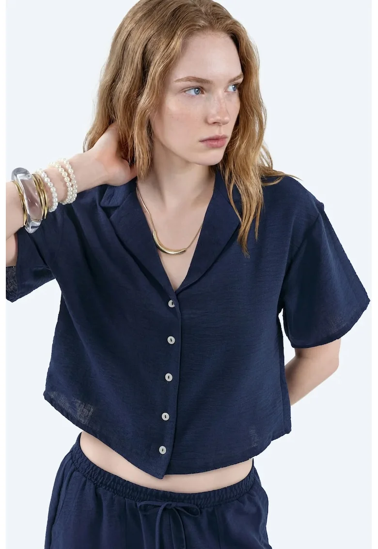 Camasi dama,  camasa scurta, casual, albastru marin, poliester,