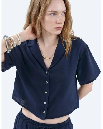 Camasi dama,  camasa scurta, casual, albastru marin, poliester,