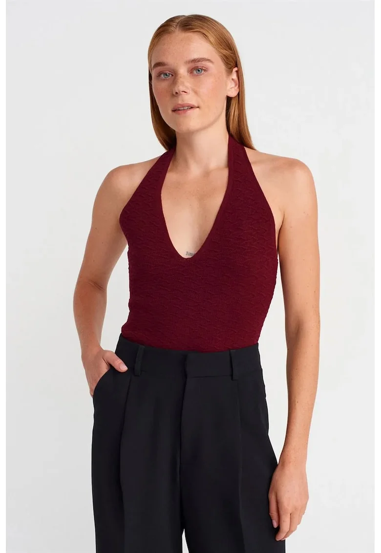 Bluza dama,  tricotata, halterneck, visiniu, acrilic si poliester,