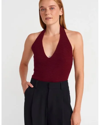 Bluza dama,  tricotata, halterneck, visiniu, acrilic si poliester,