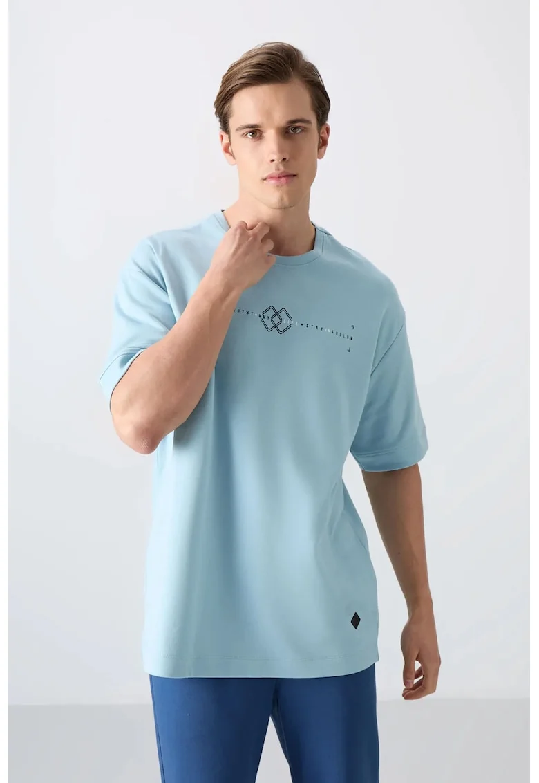Tricou  supradimensionat, imprimeu, albastru deschis, bumbac 93%,
