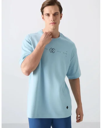 Tricou  supradimensionat, imprimeu, albastru deschis, bumbac 93%,
