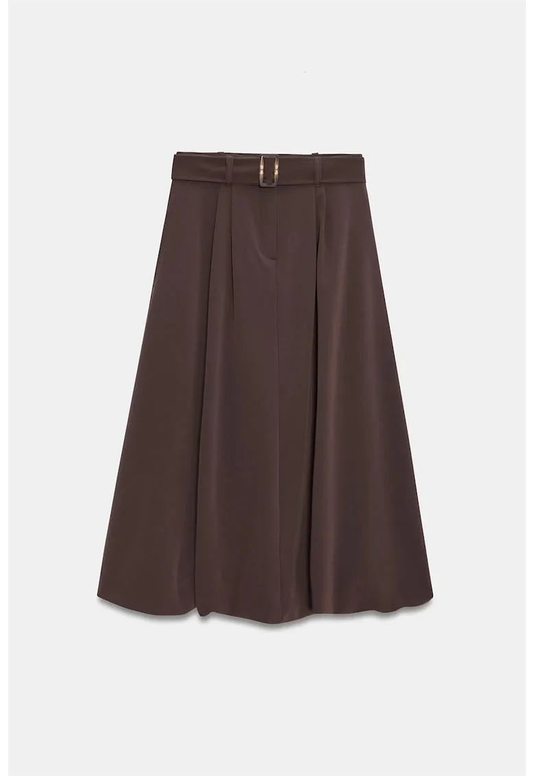 Fusta midi,  talie inalta, cu curea, maro cafea, casual
