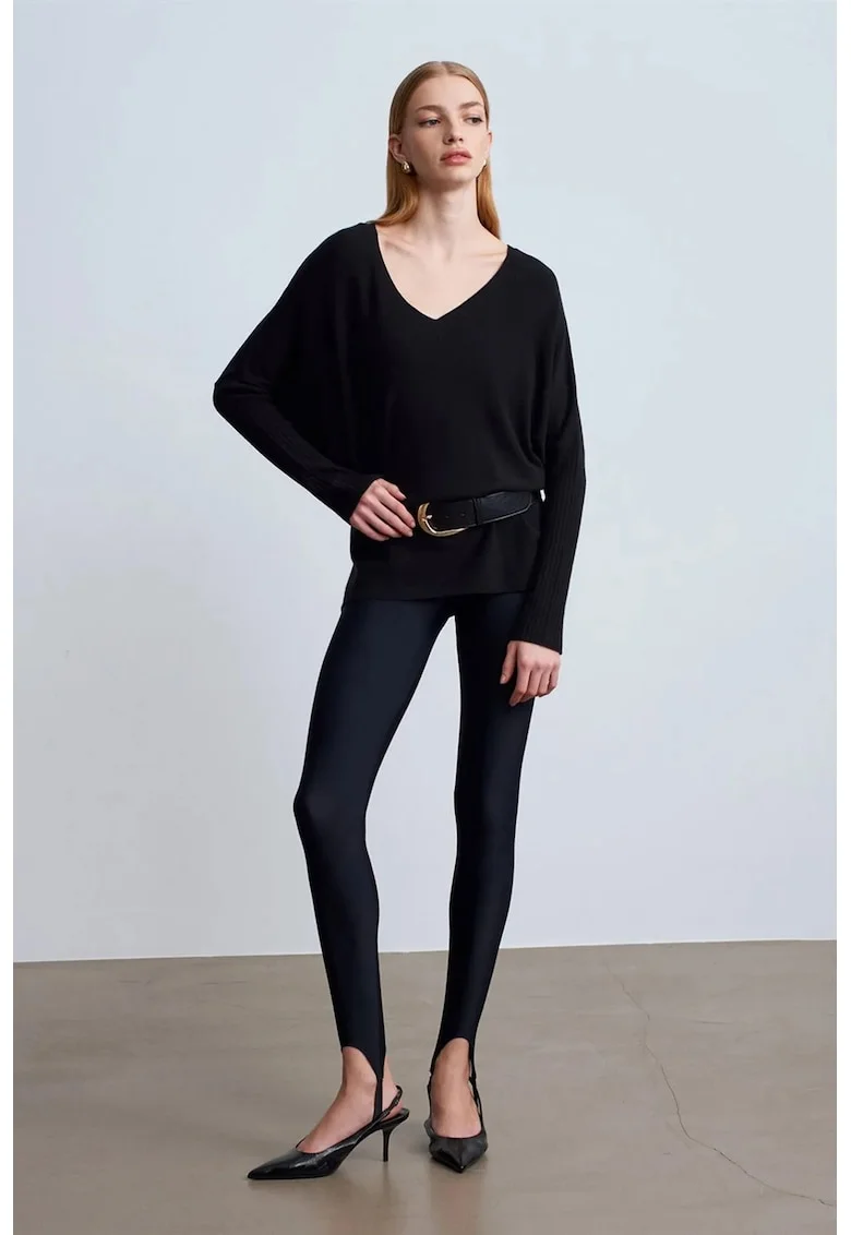 Pulover dama,  tricotat, decolteu in V, negru, viscoza, poliester, casmir,