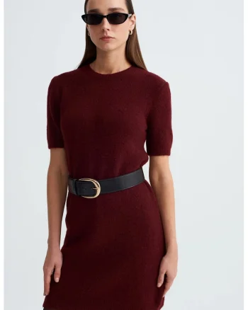 Rochie Mini,  tricotata cu nervuri, rosu burgundy, maneca scurta, casual,