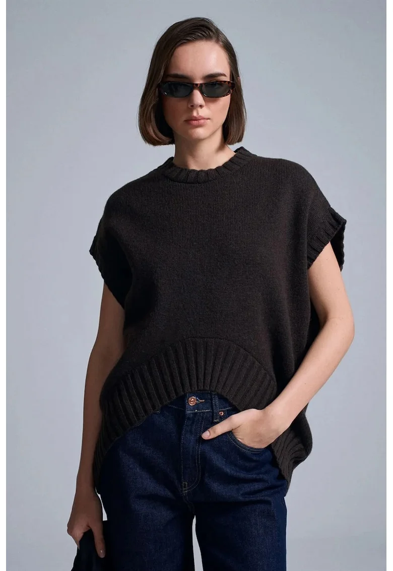 Vesta pulover tricotata  supradimensionata, neagra, amestec poliester, lana, bumbac, acril, poliamida,