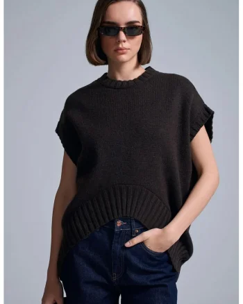 Vesta pulover tricotata  supradimensionata, neagra, amestec poliester, lana, bumbac, acril, poliamida,