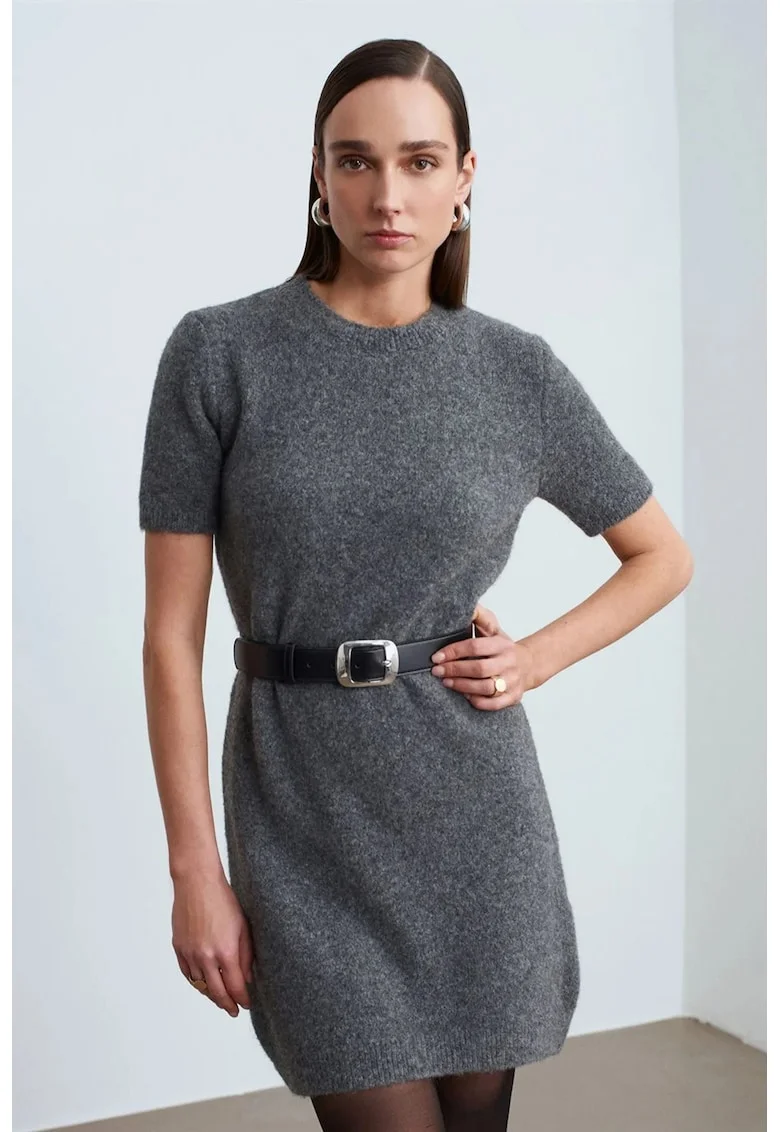 Rochie Mini,  Gri Antracit, Tricotata, Casual, Maneci Scurte, One Size