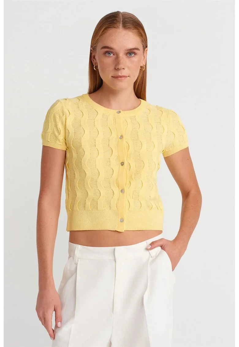 Cardigan scurt  galben lamaie, 100% poliamida, cu nasturi, pentru femei,