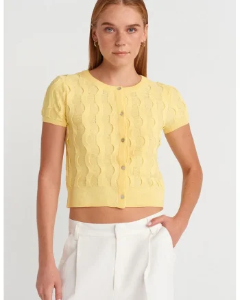Cardigan scurt  galben lamaie, 100% poliamida, cu nasturi, pentru femei,
