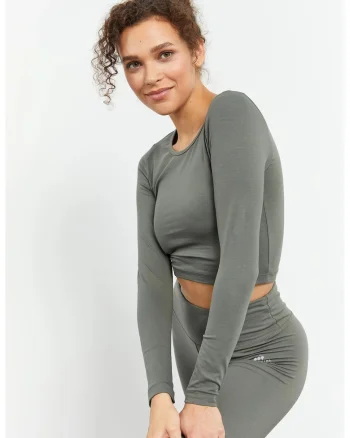 Top scurt,  slim-fit, maneci lungi, verde kaki, bumbac-elastan,