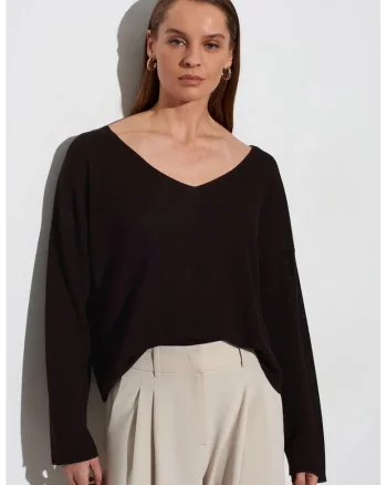 Pulover dama,  tricotat, decolteu in V, negru, viscoza si poliester,