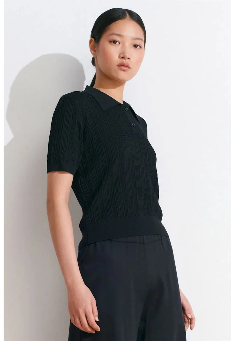 Bluza dama,  polo, dantela texturata, negru, poliester, poliamida, viscoza,