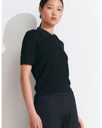 Bluza dama,  polo, dantela texturata, negru, poliester, poliamida, viscoza,