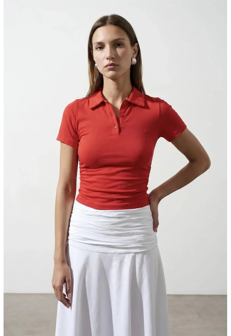 Tricou Polo Crop Slim Fit Femei  Rosu, Bumbac-Viscoza-Elastan