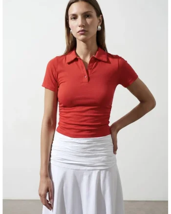Tricou Polo Crop Slim Fit Femei  Rosu, Bumbac-Viscoza-Elastan