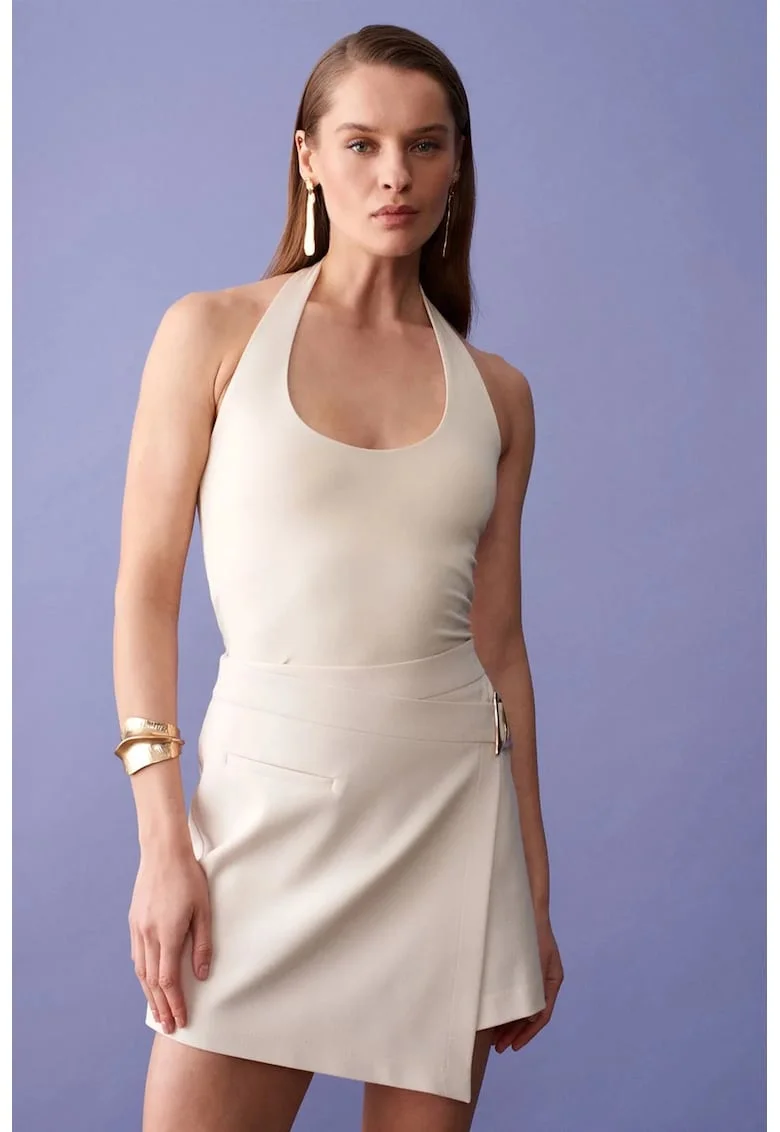 Bluze dama,  Bluza Halterneck Slim Fit, Decupaje, Crem Natural, Modal-Bumbac-Elastan,