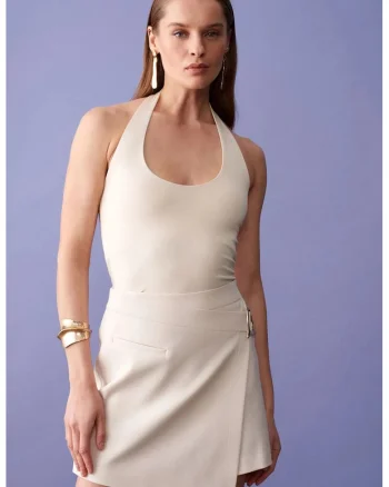 Bluze dama,  Bluza Halterneck Slim Fit, Decupaje, Crem Natural, Modal-Bumbac-Elastan,