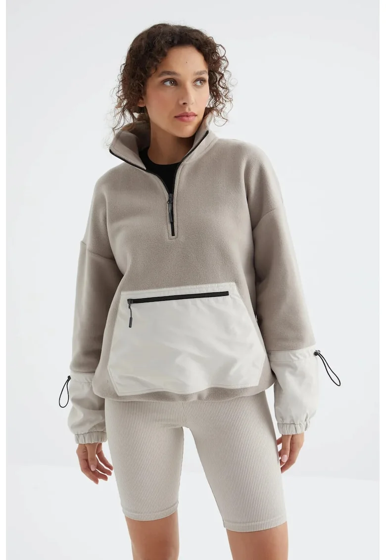 Hanorac  Oversized, Bej, Fleece, Fermoar, Maneca lunga,