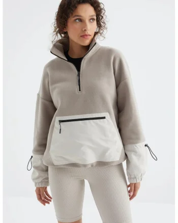 Hanorac  Oversized, Bej, Fleece, Fermoar, Maneca lunga,