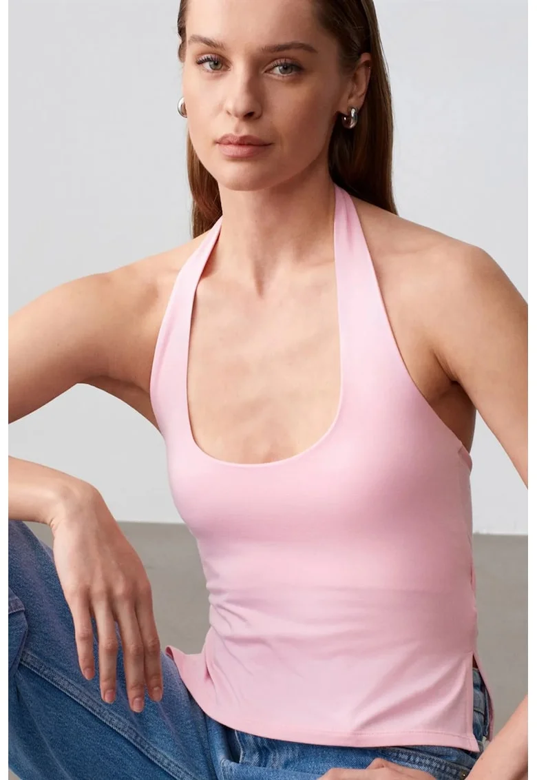 Bluze dama,  Bluza Halterneck cu Decupaje, roz pudra, 47% modal, 46% bumbac, 7% elastan,