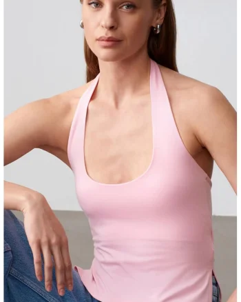 Bluze dama,  Bluza Halterneck cu Decupaje, roz pudra, 47% modal, 46% bumbac, 7% elastan,