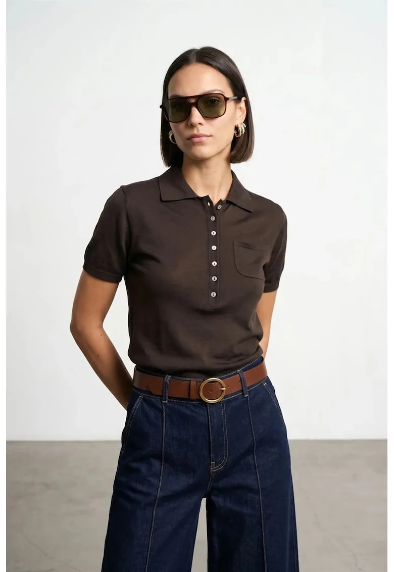 Bluza dama,  slim fit, guler polo, maro, bumbac si Tencel,