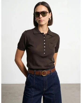 Bluza dama,  slim fit, guler polo, maro, bumbac si Tencel,