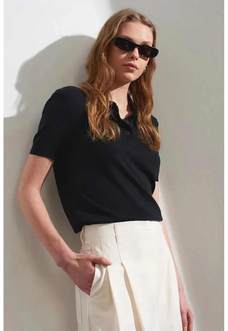 Bluza dama  guler polo, maneci scurte, negru, tricot Tencel si bumbac,