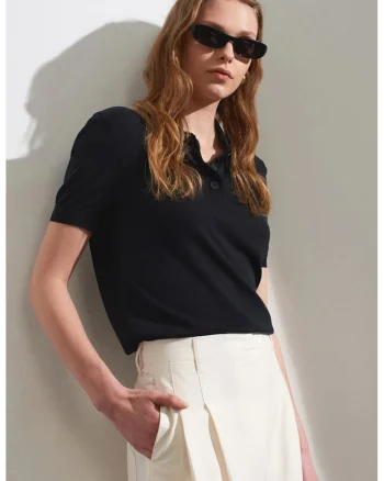 Bluza dama  guler polo, maneci scurte, negru, tricot Tencel si bumbac,
