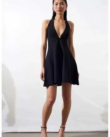 Rochie Mini Femei,  A-Line, Neagra, Poliester, Fara Maneci, Guler Halter, One Size