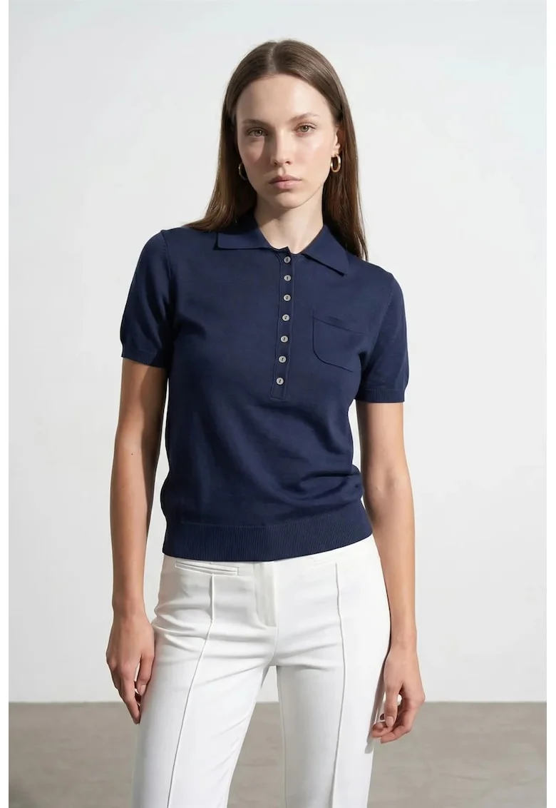 Bluza dama,  slim fit, bleumarin, bumbac si Tencel, maneci scurte, guler polo,