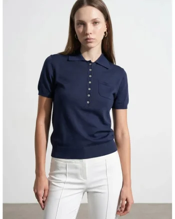 Bluza dama,  slim fit, bleumarin, bumbac si Tencel, maneci scurte, guler polo,