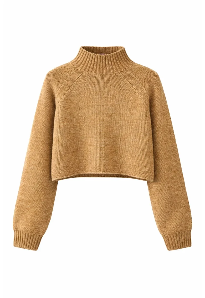 Pulover scurt,  tricotat texturat, maneci lungi, Tan Natural, acrilic/poliester,