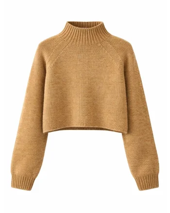 Pulover scurt,  tricotat texturat, maneci lungi, Tan Natural, acrilic/poliester,
